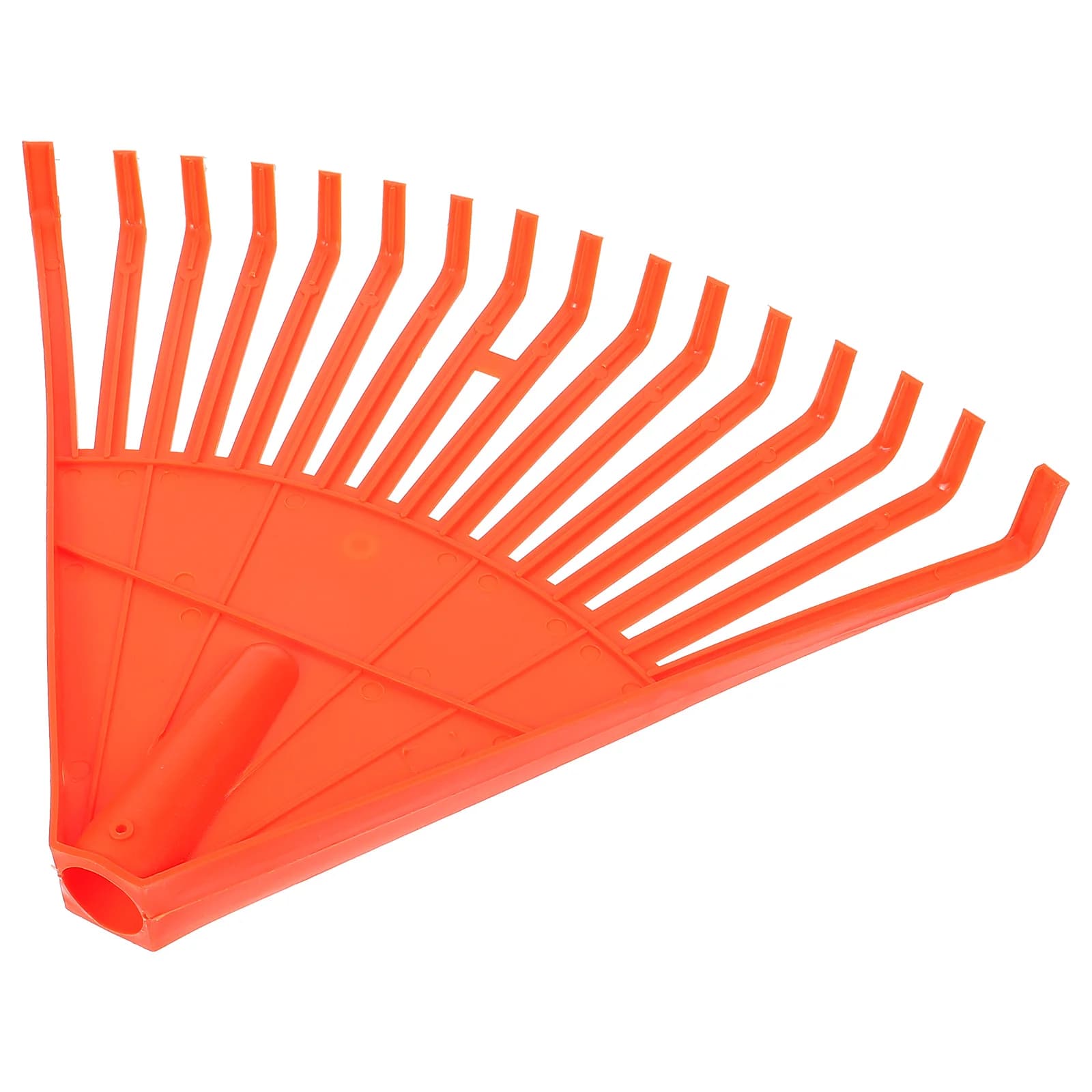 A small, portable plastic rake tool for loosening soil in flowerbeds, raking leaves, and digging out weed roots in outdoor lawns and yards.
