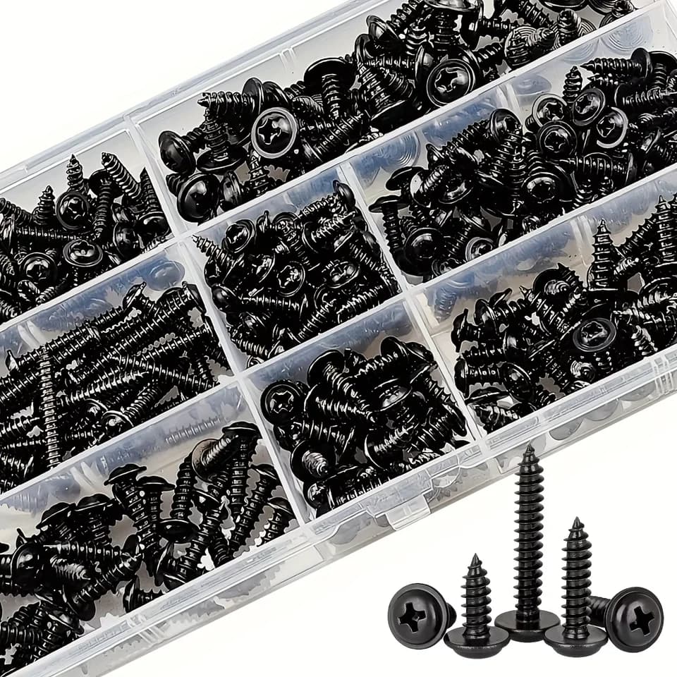 Self Tapping Screws Set: black screws in clear organiser, individual screws below.