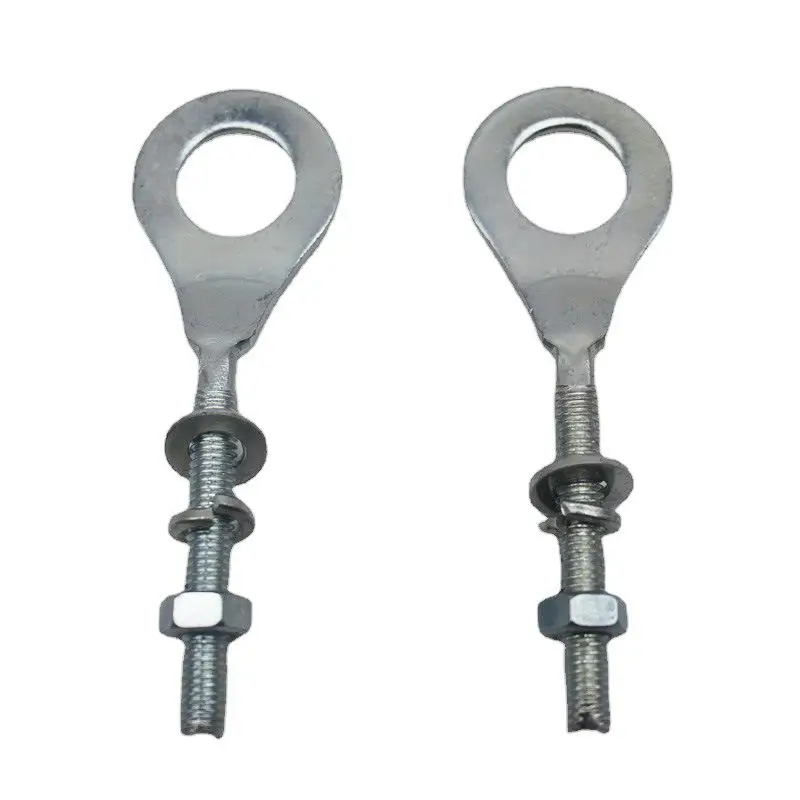 Two-piece motorcycle chain tensioner adjuster tool, made of iron, for mini bikes and ATVs from 50cc to 125cc.
