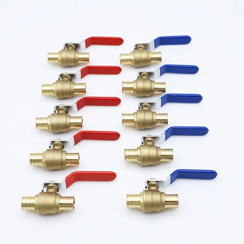 3/4" PEX Double Check Ball Valve: multiple brass valves with red and blue handles.