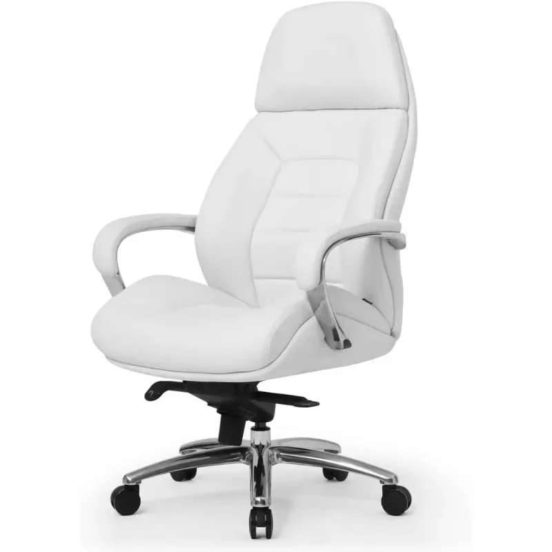 High-back executive chair with genuine leather upholstery, aluminum base, and premium design in a sleek white finish.