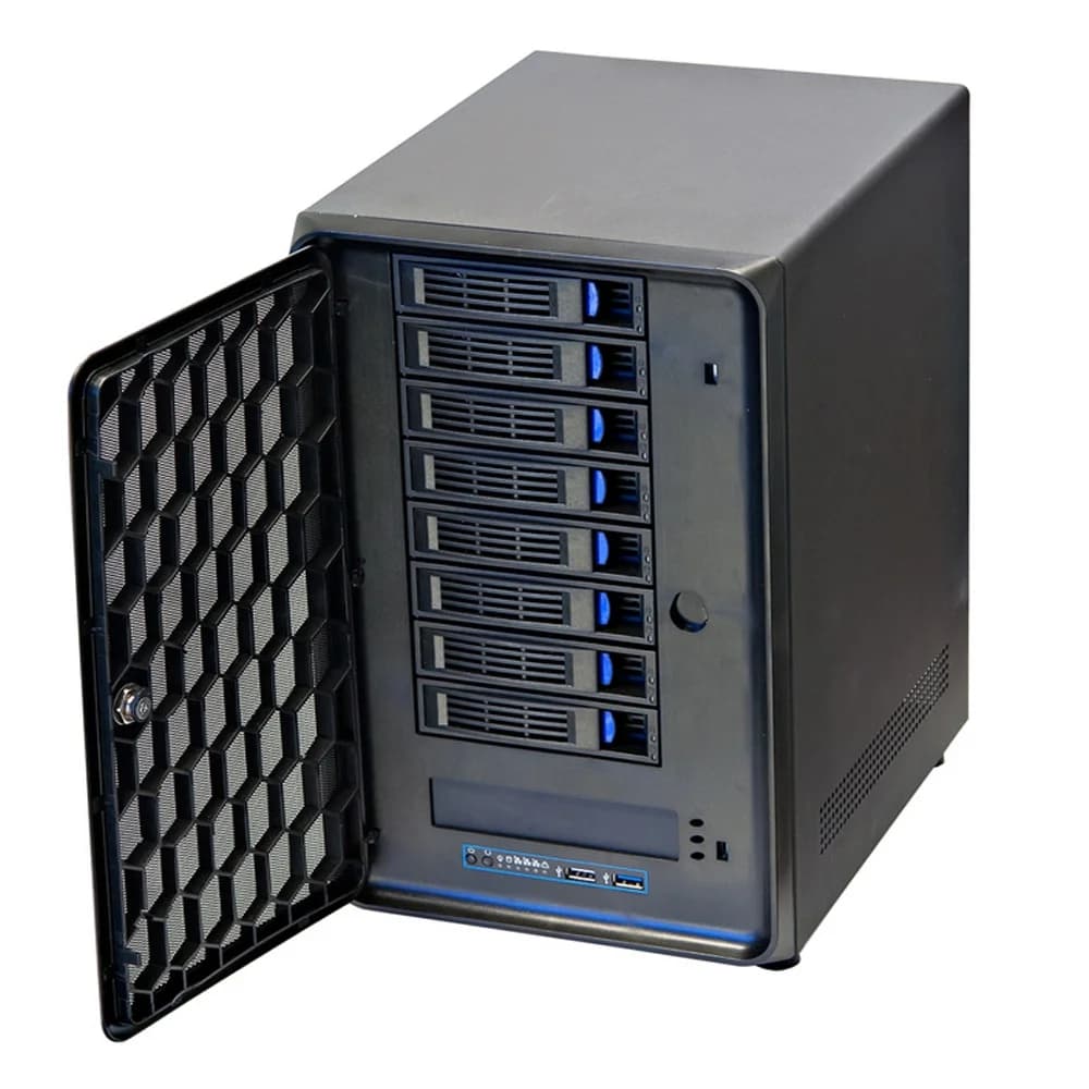 Hot Swap NAS Storage Server in a black rackmount case with 8 front-accessible SAS drive bays and a locking front door.