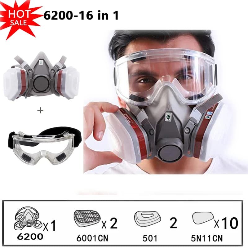 6200 Chemical Half Face Respirator with fog-proof safety glasses, for industrial painting, spraying, and dust protection.