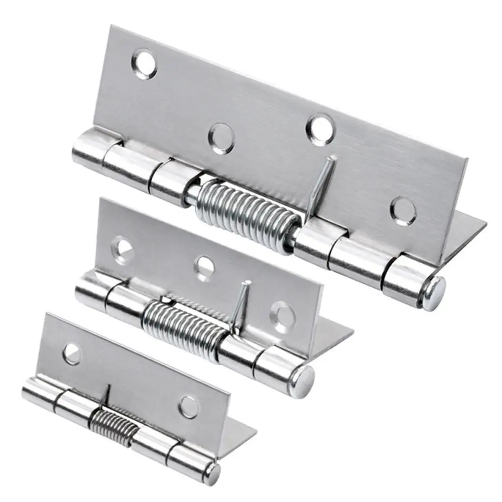 Stainless steel door hinge with spring mechanism for automatic rebound, designed for cross-hinge cabinet and cupboard folding doors.