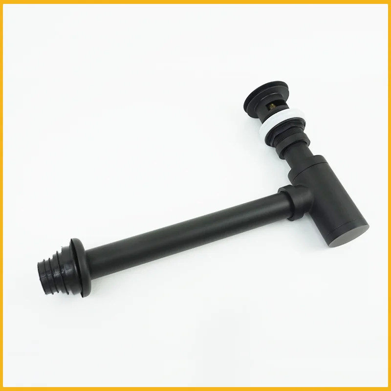 Solid Brass Bottle Trap Waste: single black sink drain on white background.