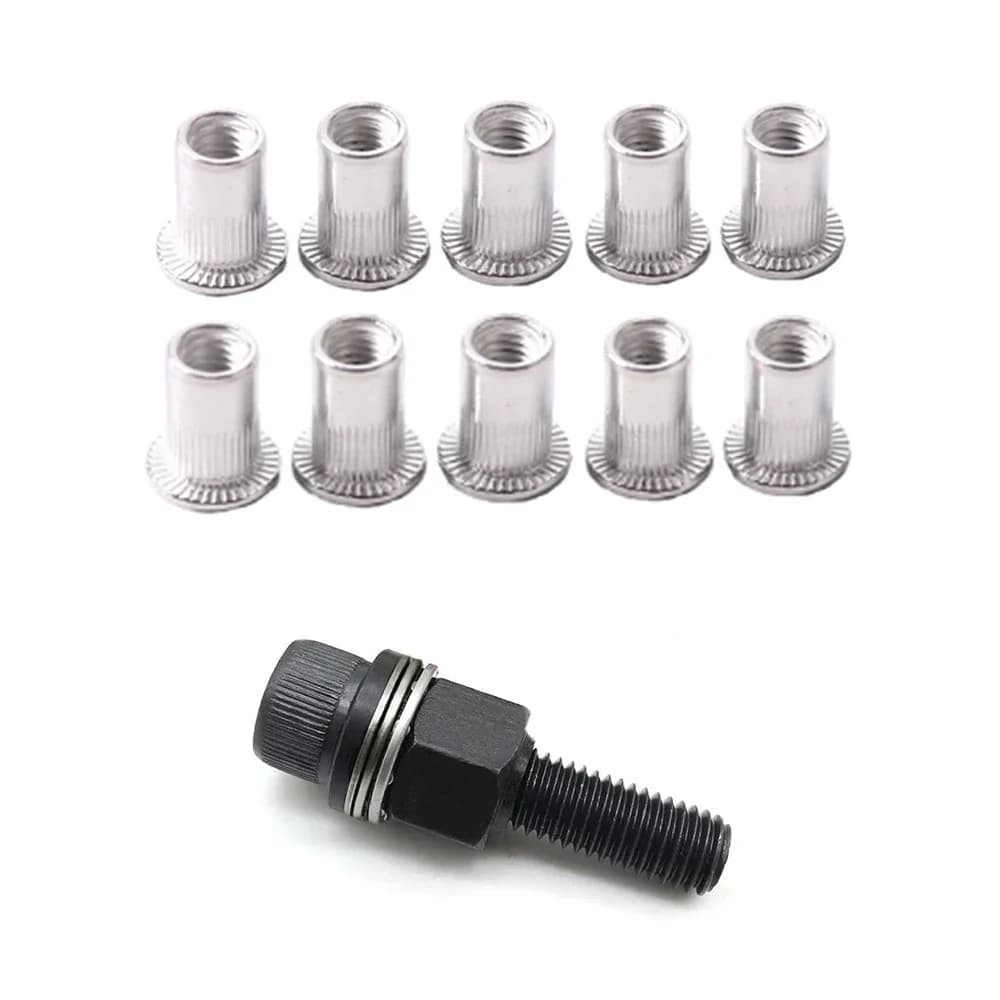Hand rivet nut gun set with 11 head nuts and accessories for installing M3 to M12 rivet nuts in various materials.