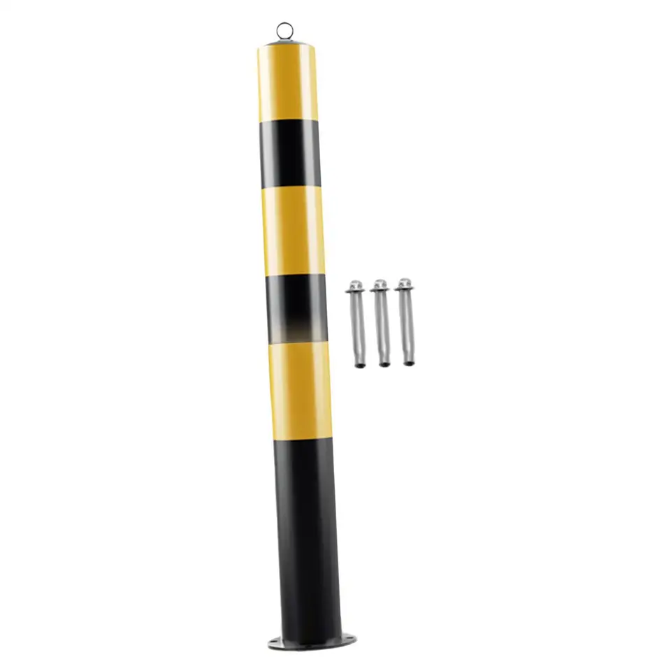 Bollard for parking, black and yellow striped, on a white background.