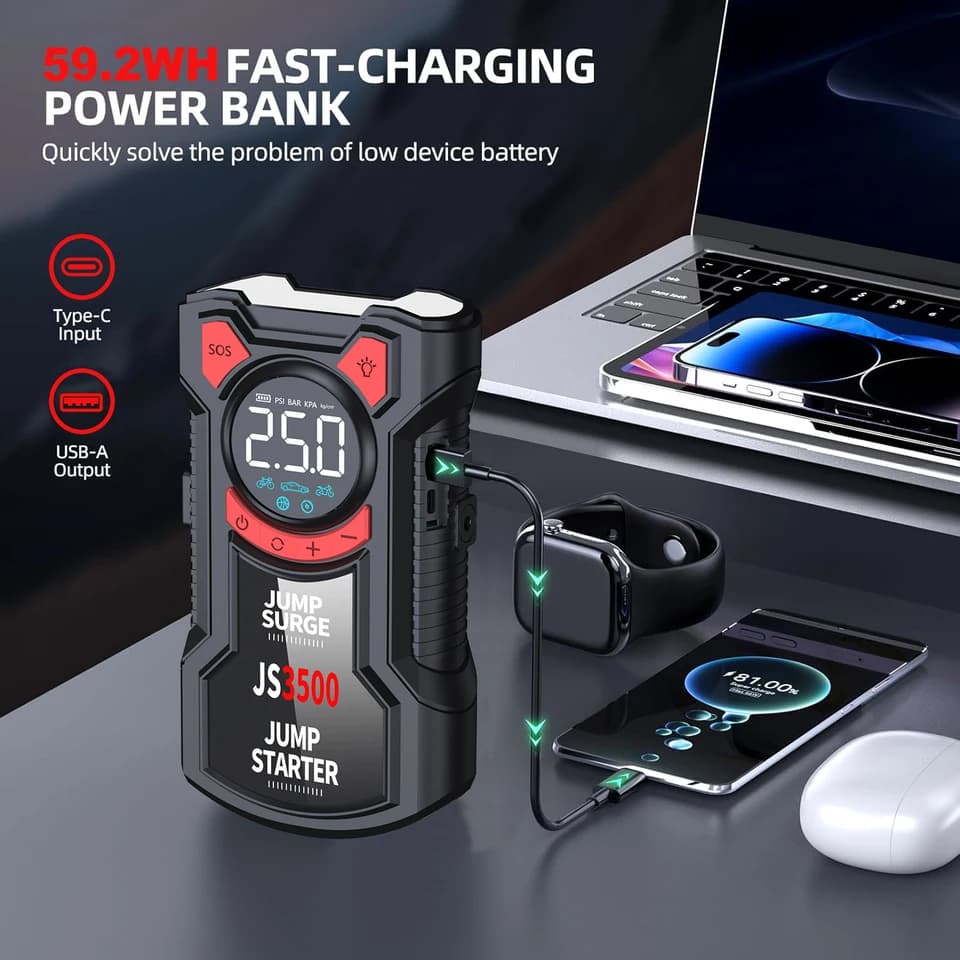5-in-1 Car Tyre Inflator Digital | 3000A Jump Starter | 150PSI Air Compressor - Thumbnail 5