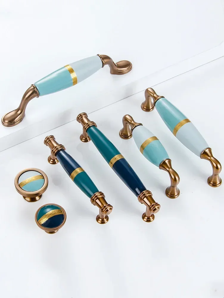 Golden Wardrobe Handle | American European Style Pull | Blue Ceramic Cabinet & Drawer Knob