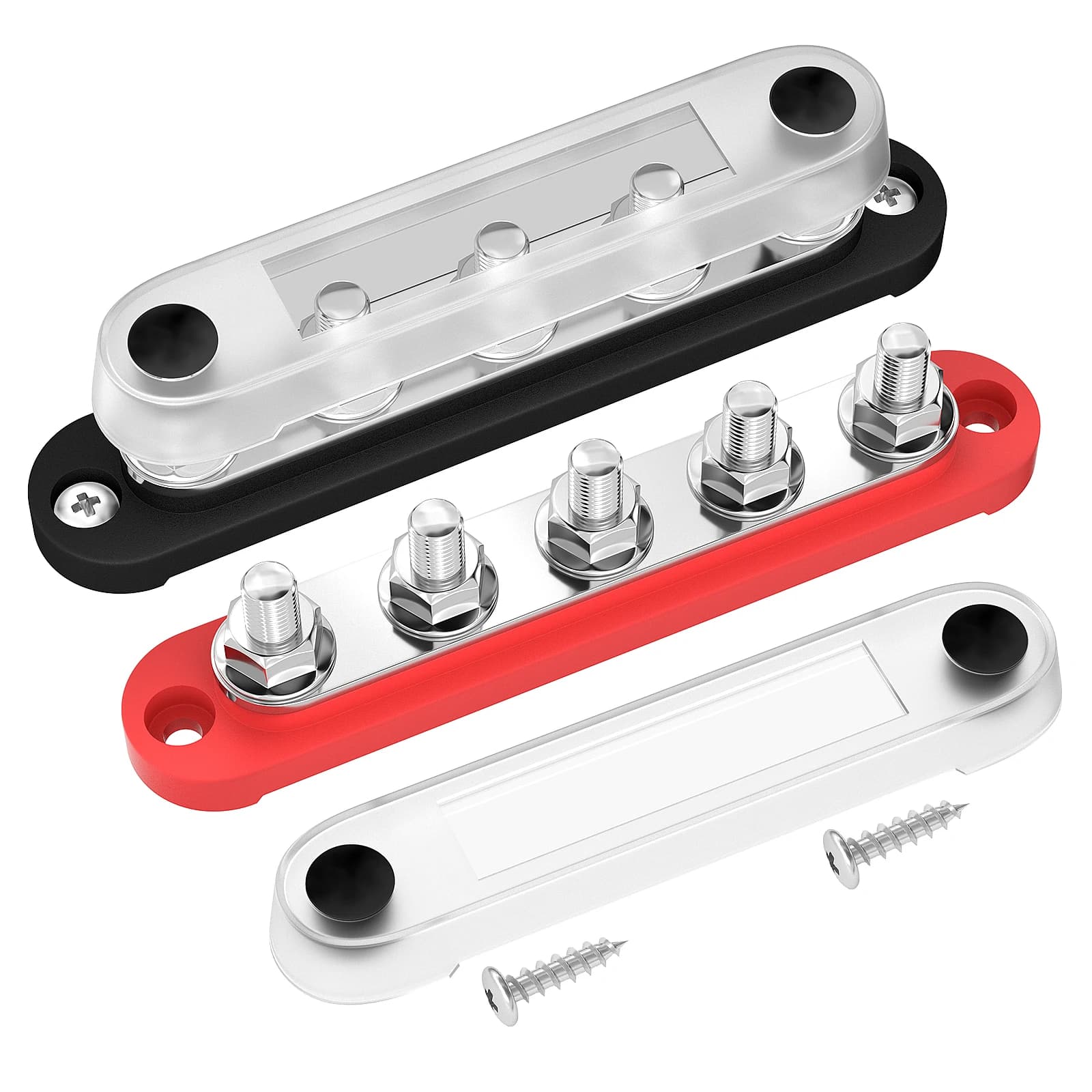 12V Bus Bar with 5 x 5/16 inch studs for secure electrical distribution, made from durable tinned copper with a corrosion-resistant finish.