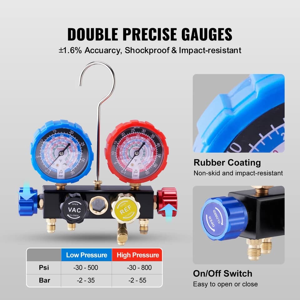 AC Recharge Kit | 4-Way Manifold Gauge Set with 5ft Hoses | R134a R410a - Thumbnail 5