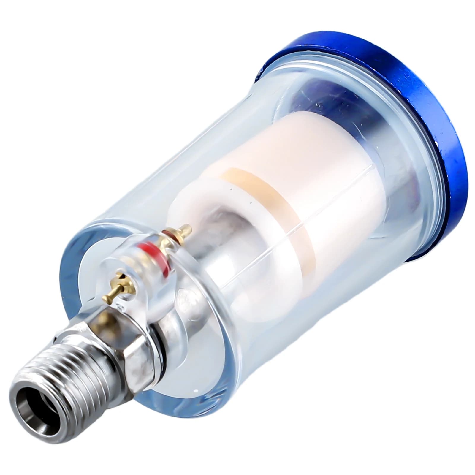 1/4 Inch NPT Air Compressor Filter with Water Oil Separator for spray guns, featuring a metal bowl and pressure gauge.