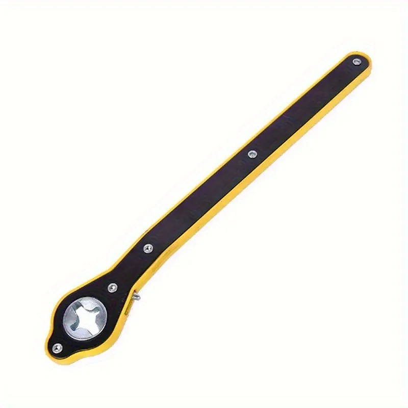 A labor-saving car jack ratchet wrench with an extended rocker, a general car jack wrench that complements a spark plug gap tool in a mechanic's kit.
