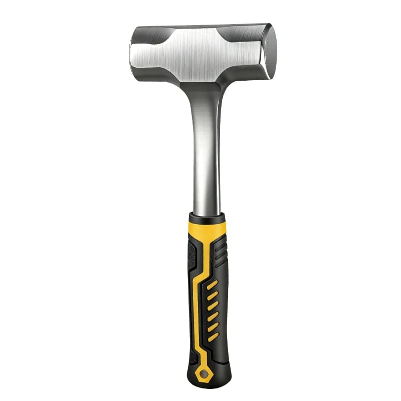 Carbon steel octagon sledgehammer with anti-slip rubber handle, featuring a square head for woodworking and demolition tasks.