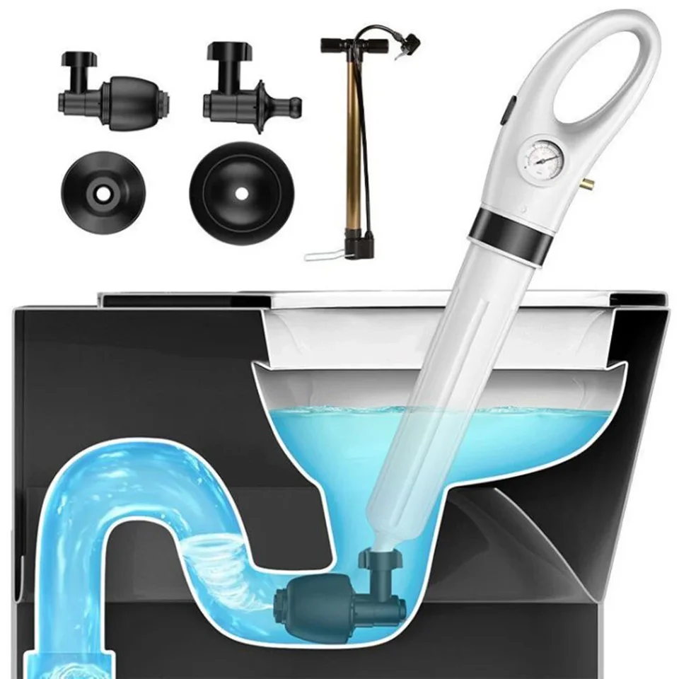 Toilet plunger infographic: product in use with accessories and toilet cutaway.