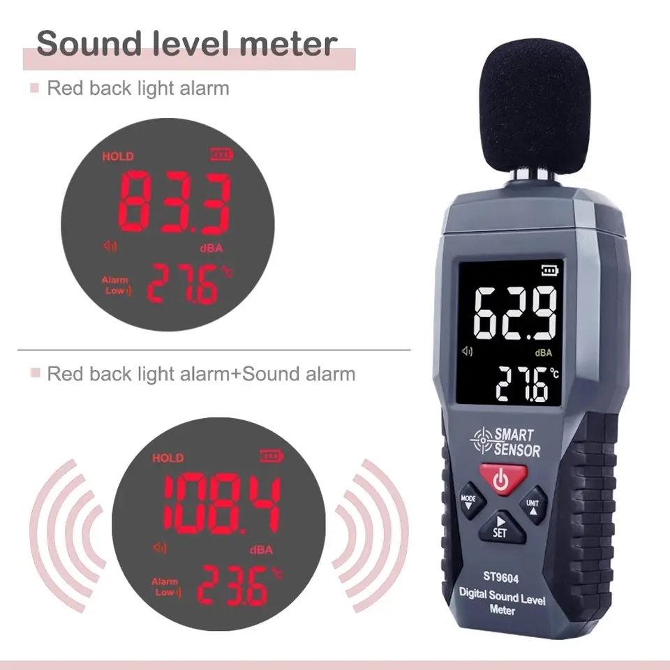Digital Decibel Meter | 30-130dB LCD Backlight | Noise Meter with Thermometer - Thumbnail 3