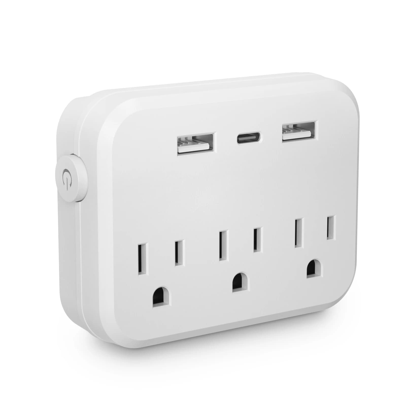 TRANSTON US Switch 6-in-1 portable power strip with surge protector, featuring 3 AC outlets, 2 USB ports, and 1 USB-C port in white.