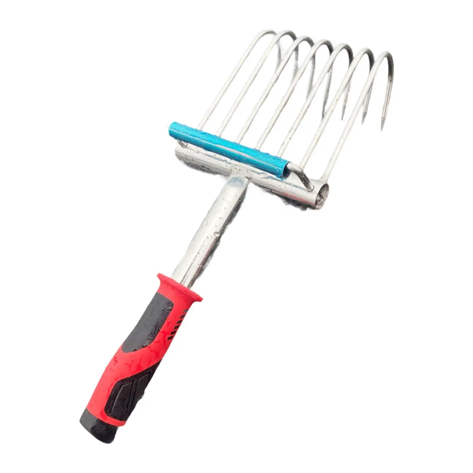 Hand rake tool with metal tines for weeding and cultivating soil in outdoor gardens and flower beds.