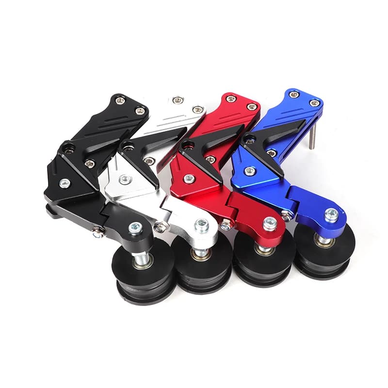 Universal automatic chain tensioner with roller and bolt for Honda, Suzuki, Kawasaki, and Yamaha motorcycle modifications.