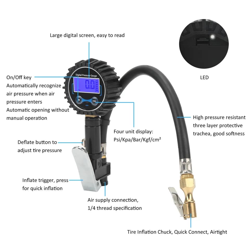 Digital Tyre Inflator | Auto-Off Easy Read Gauge | Car Van Truck Bus - Thumbnail 6