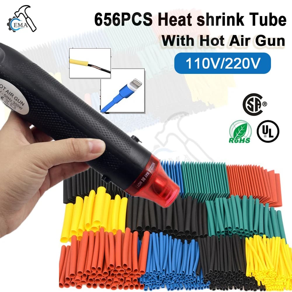 Heat Shrink Tubing Kit | 656-1060 Pieces & 300W Hot Air Gun | Cable Repair & Protection - Thumbnail 2