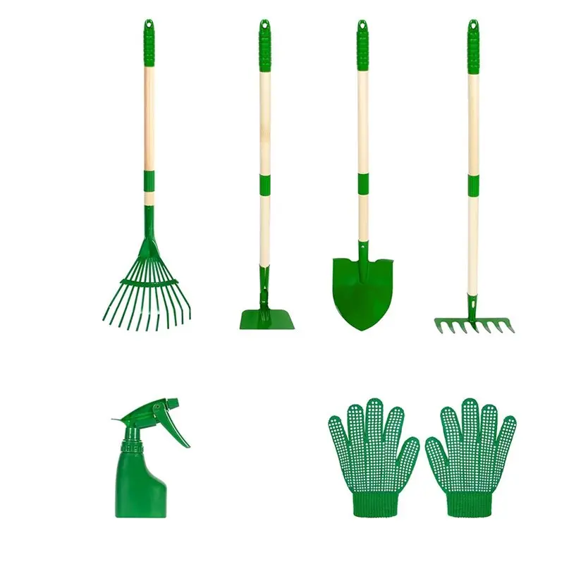 Six-piece kids gardening tool set with shovel, rake, hoe, leaf rake, and digging tools for yard and lawn activities.