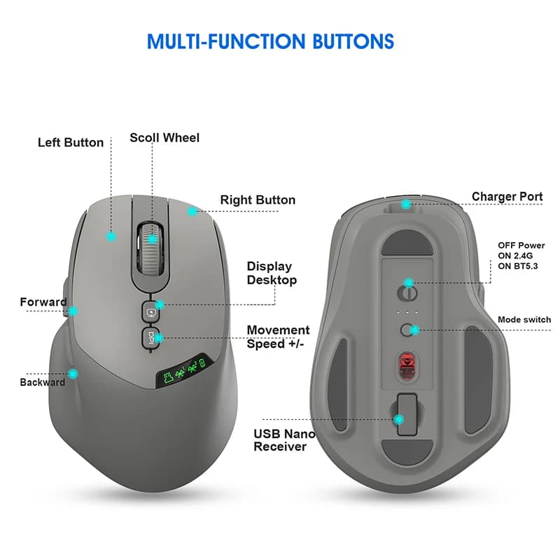 T02 Wireless Mouse | Dual Mode Bluetooth 5.0/2.4G | Silent, Rechargeable 500mAh, DPI Adjust - Thumbnail 5