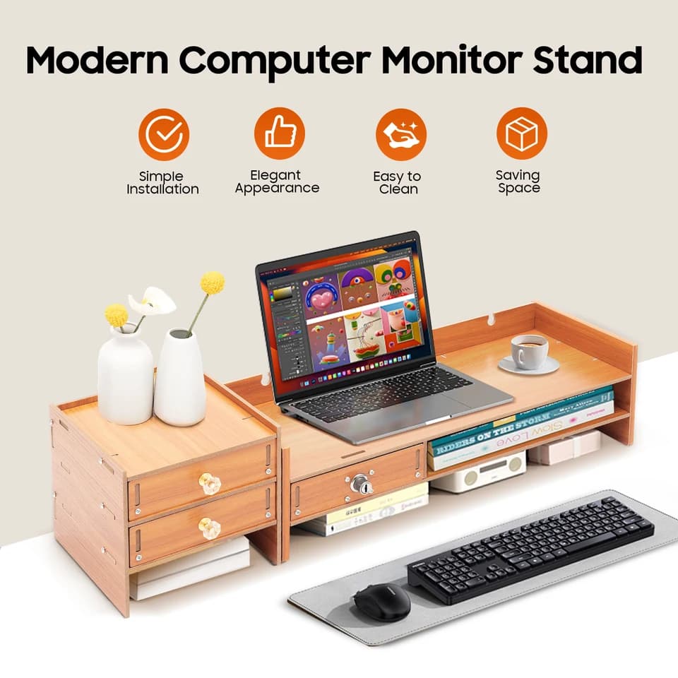 Wood Monitor Stand with Drawers | Desktop Laptop Riser | Phone Holder - Thumbnail 2