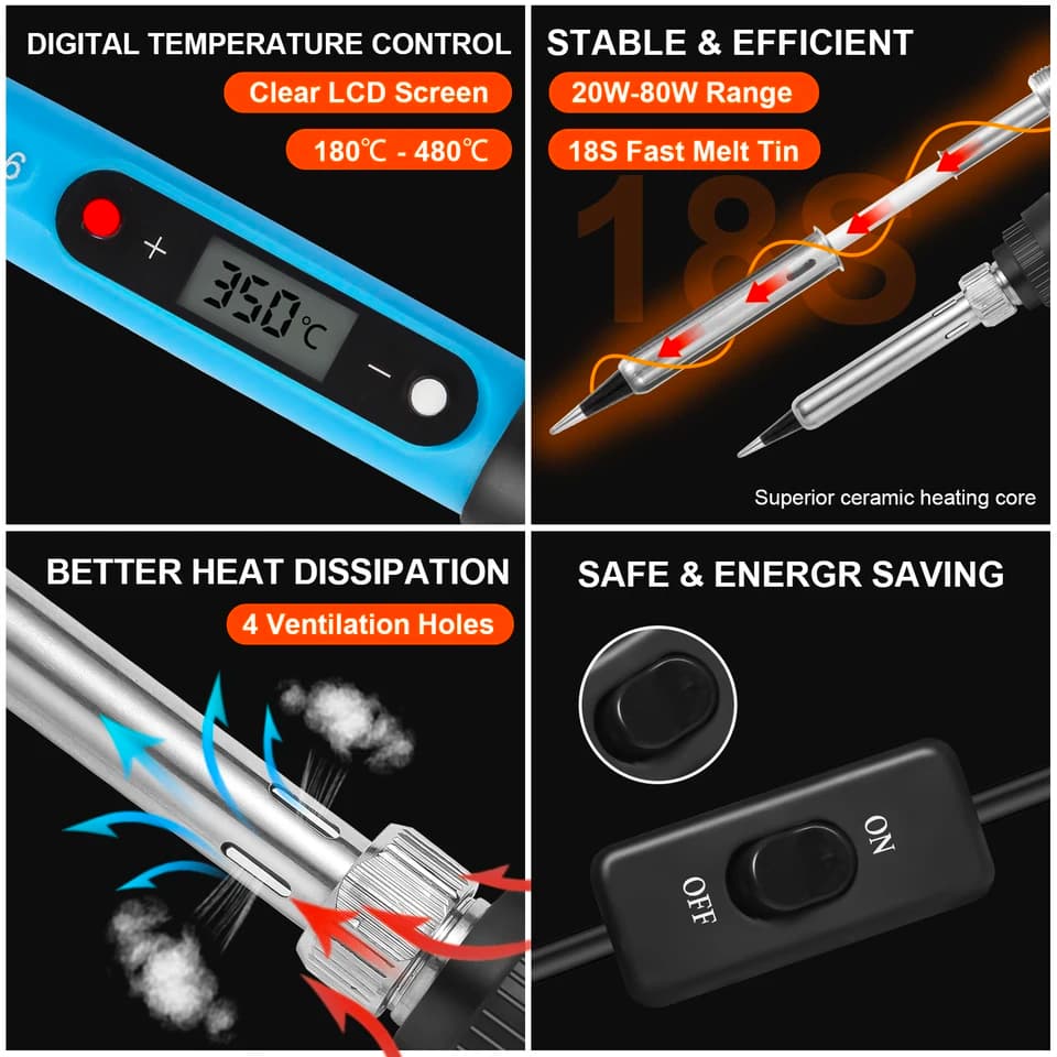 80W LCD Digital Soldering Iron Kit | Adjustable Temp with Switch | Electronics Repair - Thumbnail 3
