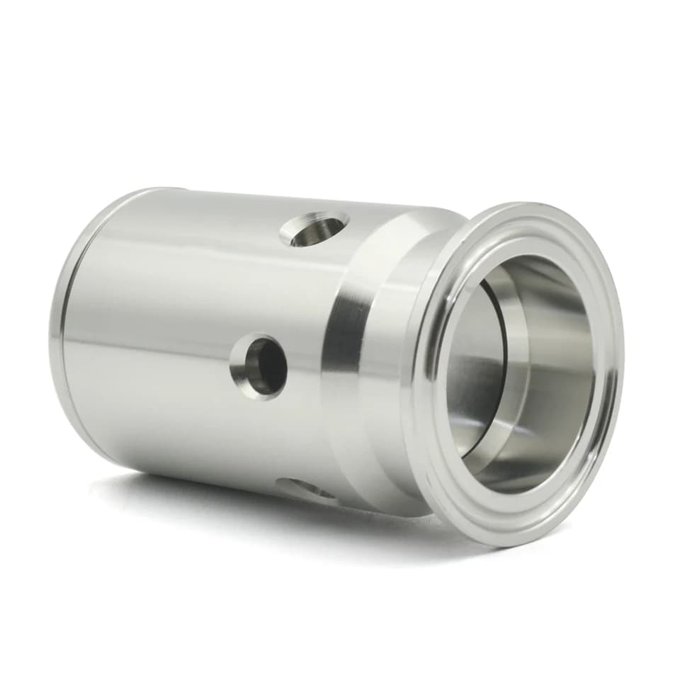 1.5" 2" Tri-Clamp Pressure Reducing Valve, a clean stainless steel pipe fitting on white.