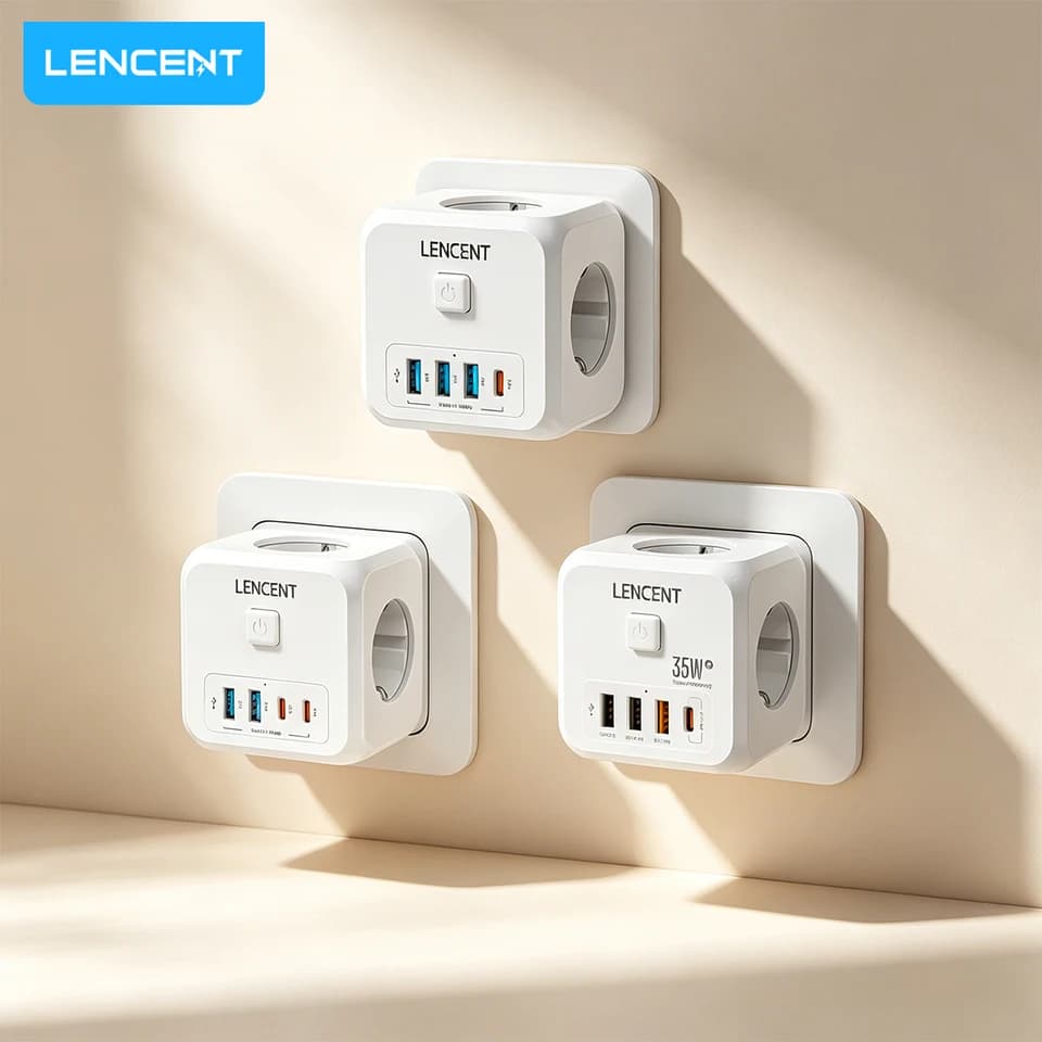 LENCENT RCD Plug Socket Cube | 3 AC, USB-A & Type C | UK Home & Office - Thumbnail 3