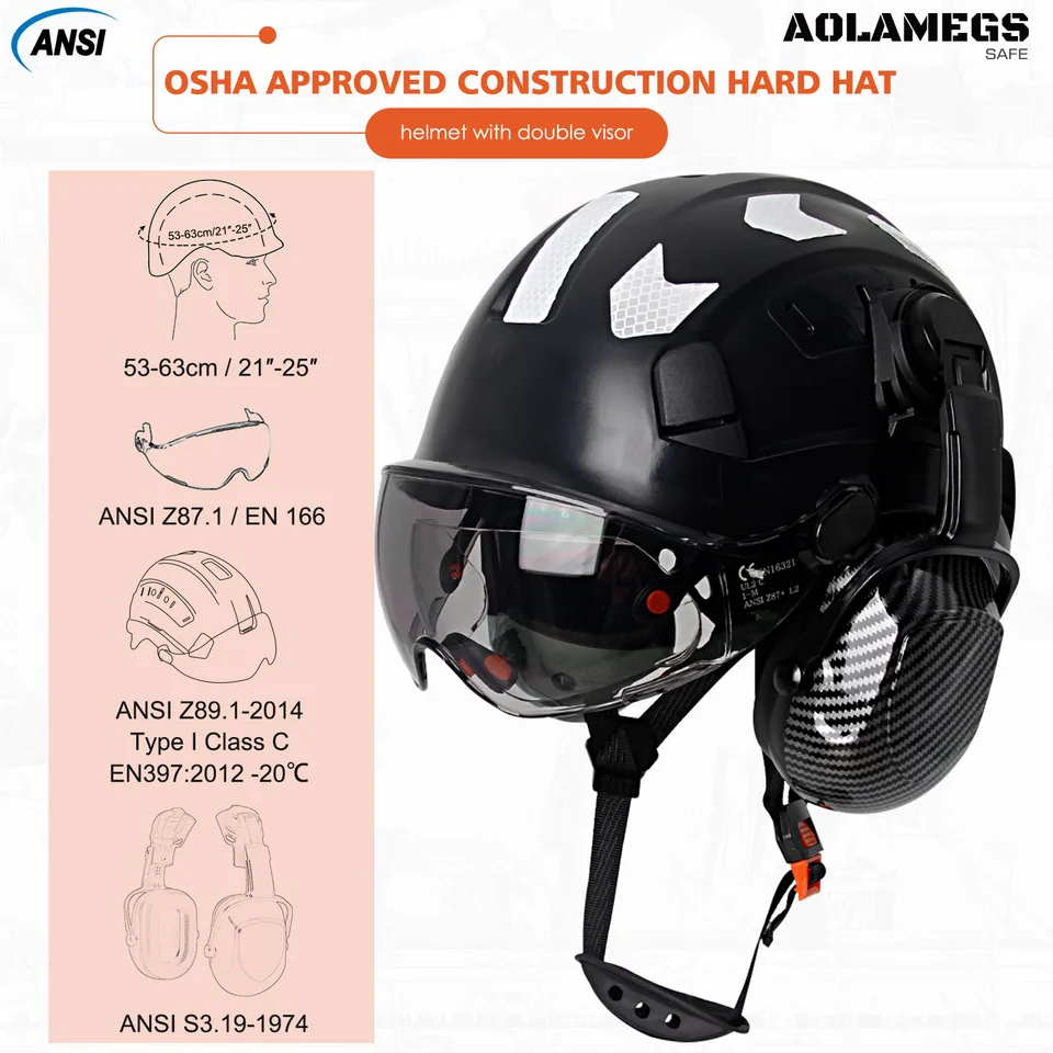 Carbon Fibre Hard Hat | Integrated Visor & Goggles | Noise Reduction Earmuffs - Thumbnail 3