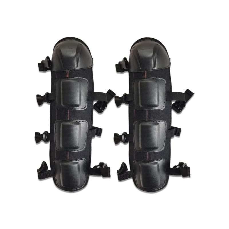 Work Knee Pad Inserts for Trousers: two black knee and shin guards on a white background.