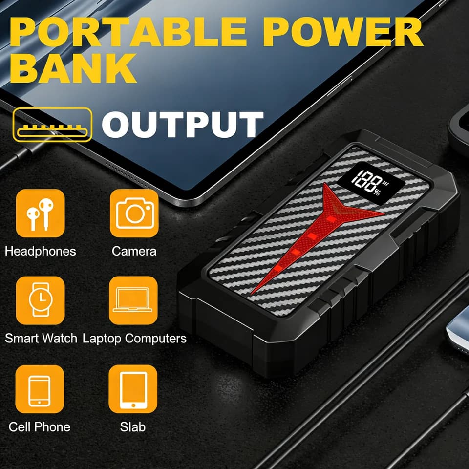 Portable 12V Car Jump Starter | Power Bank with LED Light | Quick Charge Function - Thumbnail 7