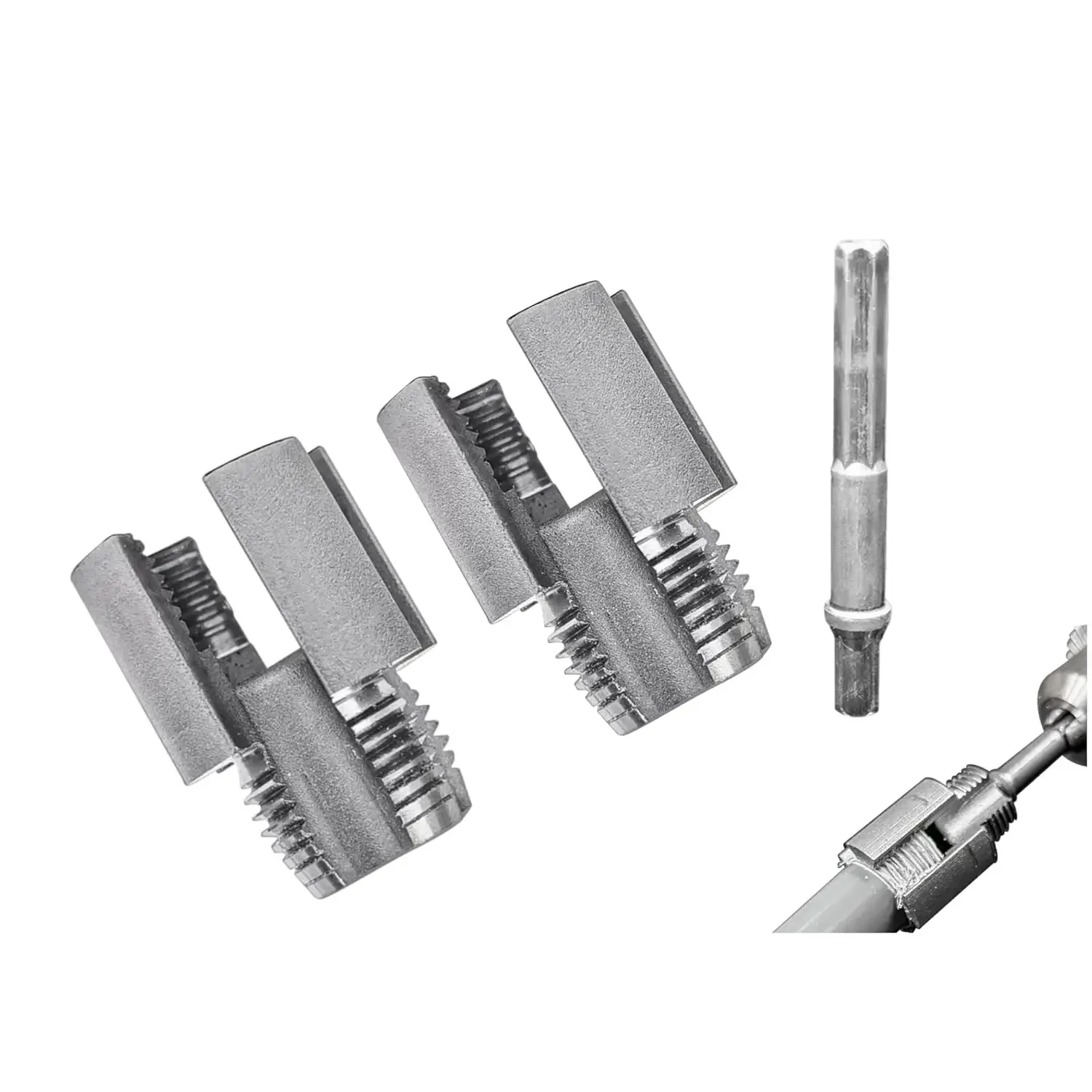 Integrated internal and external pipe thread cutting tool kit, compatible with electric drills for threading PVC and metal pipes.