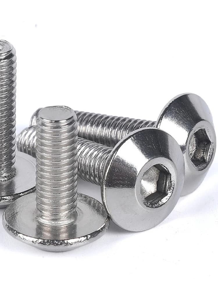304 stainless steel hex socket button head screws and standoffs in metric sizes M2 through M8, featuring round flat head design for sleek fastener applications.