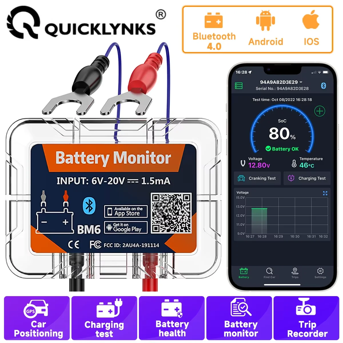 12V Car Battery Monitor | Bluetooth Health Check | Android & iOS App - Thumbnail 2