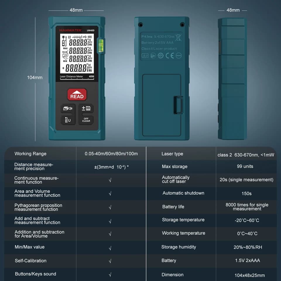 HANMATEK LM40D Laser Measure | Volume/Area/Angle | Self-Calibrating Distance Meter - Thumbnail 3