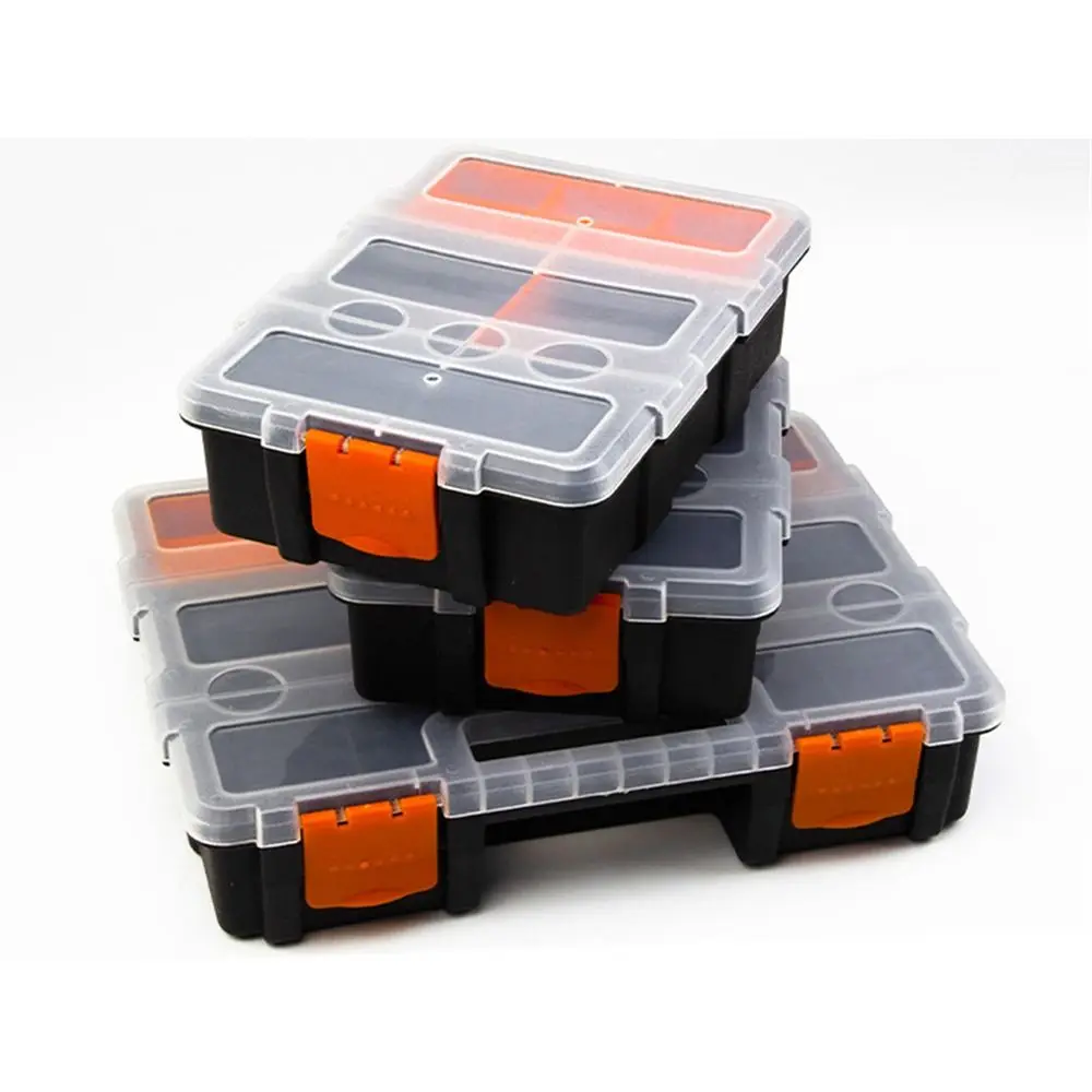 Plastic portable toolbox with multi-grid compartments for organizing screws, hardware, and small repair tools.