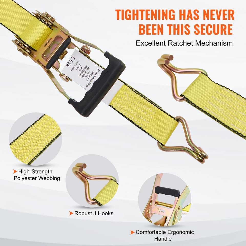 4x Ratchet Tie-Down Straps | Double J Hook | Cargo Lashing for Moving Appliances - Thumbnail 4