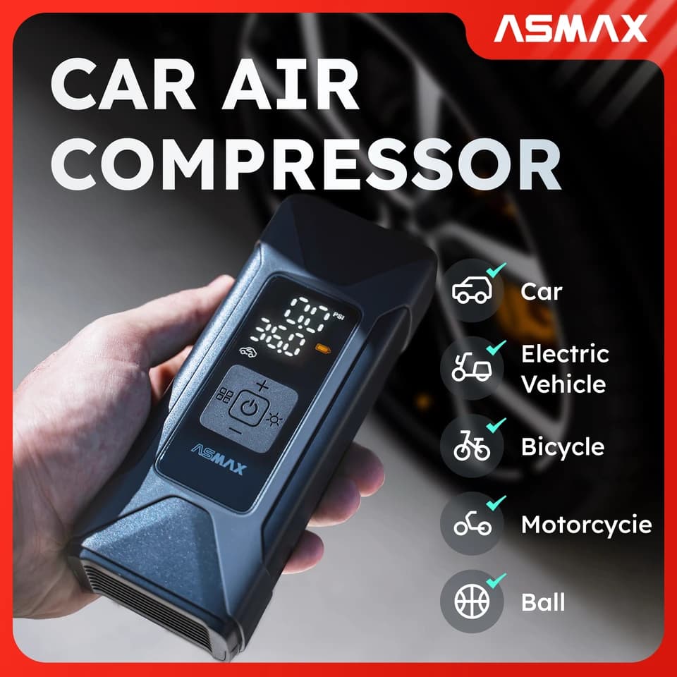 ASMAX 160PSI Tyre Inflator | 7500mAh Portable Air Pump | Car, Bike, Ball Compressor - Thumbnail 2