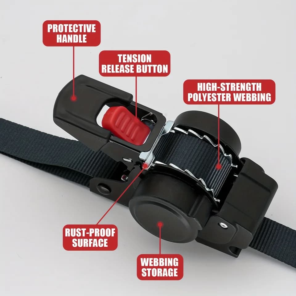 Automatic Ratchet Tie Down Straps | Retractable Auto-Tensioner | Load & Luggage Secure - Thumbnail 3