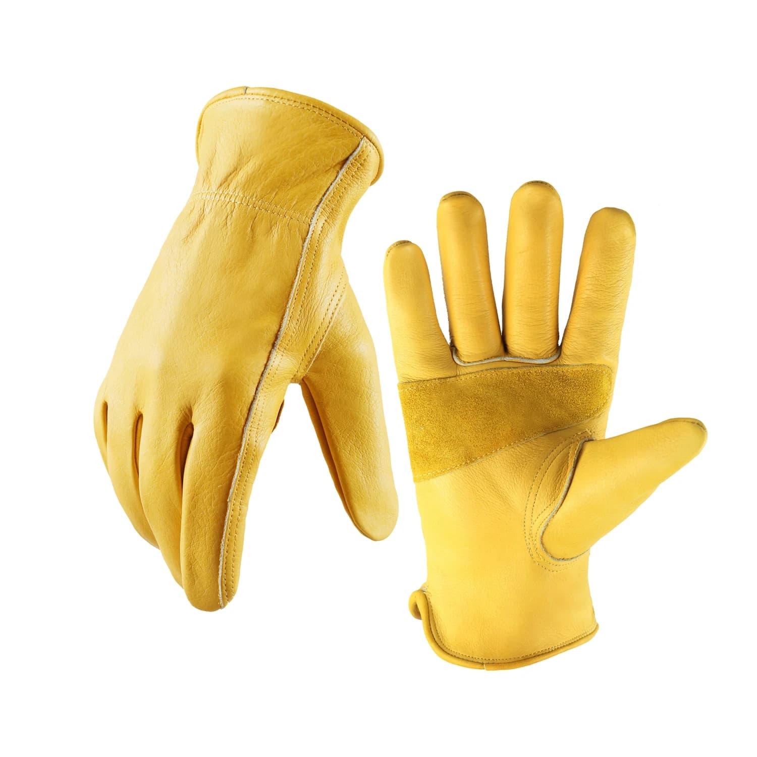 Flex grip leather work gloves with stretchable knit wrist, tough cowhide, and canvas backing for safety and comfort.