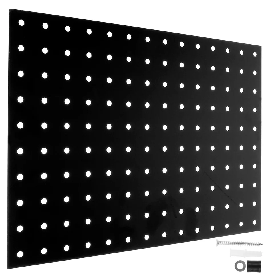 Black Metal Pegboard Panel with mounting hardware on a white background.