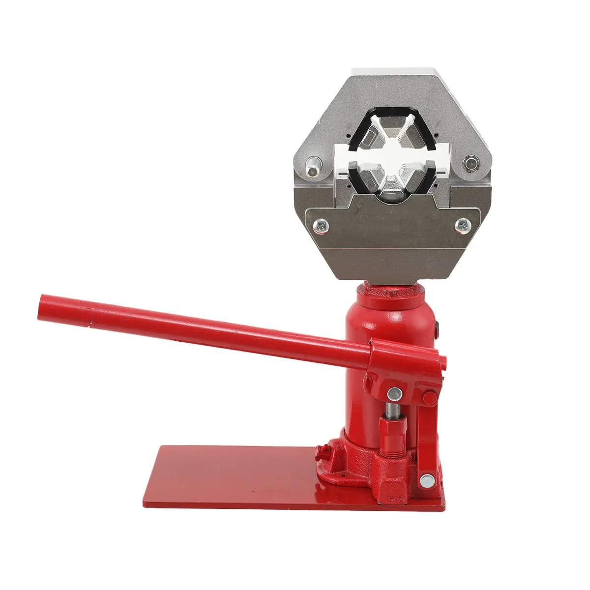 Manual 7-ton hydraulic hose press machine for agricultural sprayers, featuring a durable steel frame and ergonomic pump handle.