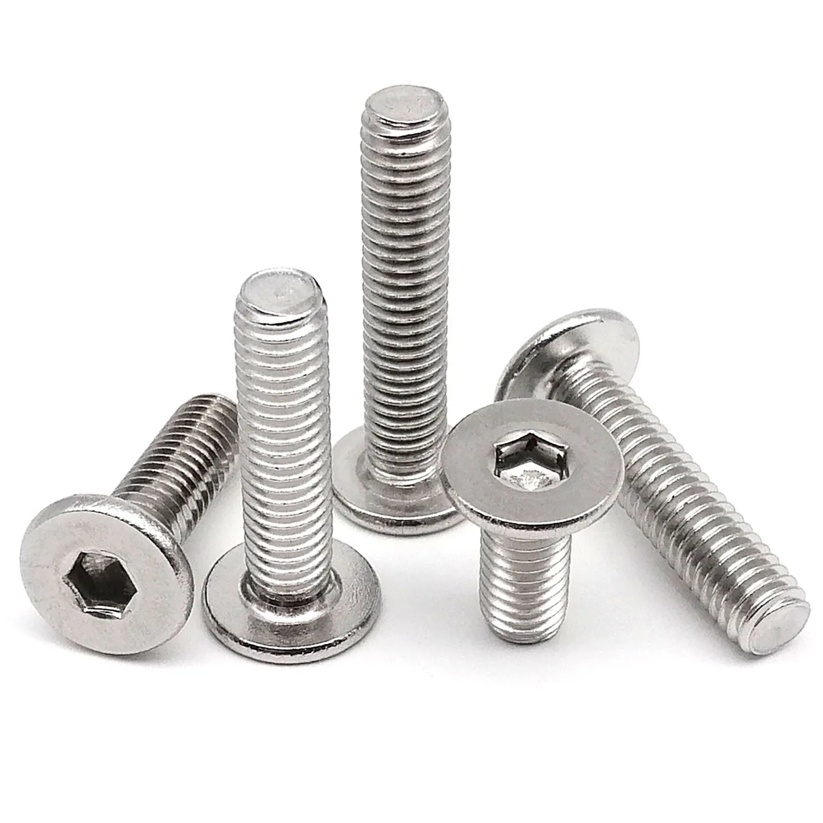 Assortment of stainless steel hex socket wafer head screws in various metric sizes from M1.6 to M8, featuring ultra-thin flat profiles.