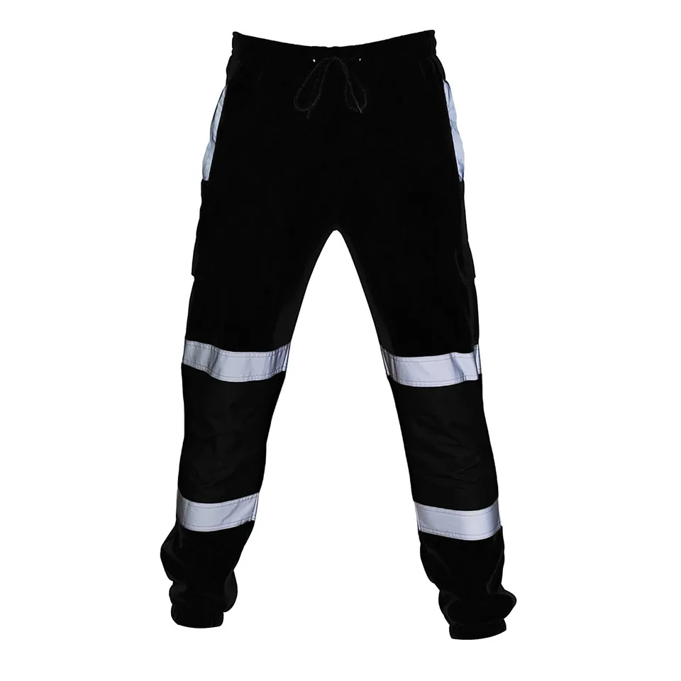 Hi-Vis Work Trousers: black pants with reflective strips on a white background.