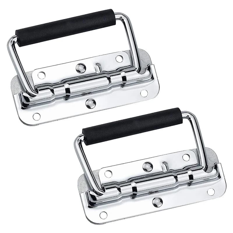 Pair of 304 stainless steel spring handles with folding design for toolboxes, aluminum cases, and industrial equipment.