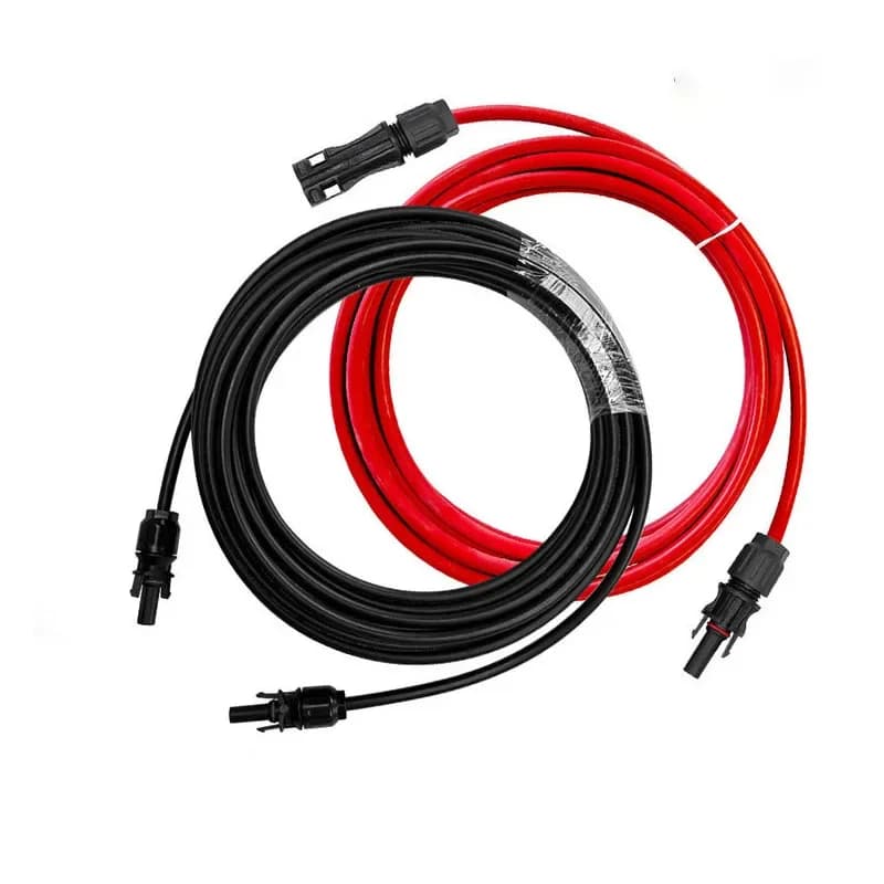 Solar panel extension cable pair with black and red copper wire in 6, 4, and 2.5 mm2 sizes, featuring durable PV connectors.