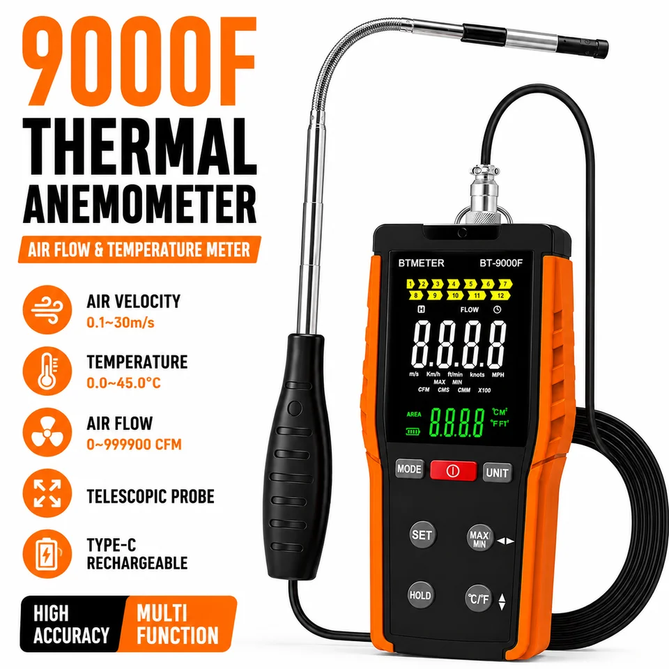BTMETER 9000F Anemometer | Telescopic Probe Air Flow Meter | HVAC Wind Speed Tester - Thumbnail 2
